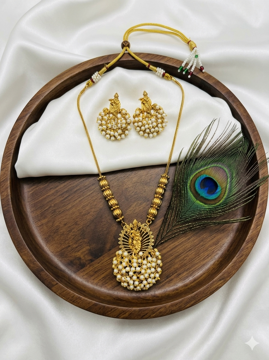 Temple Pearl Pendant Necklace Set with Lakshmi Design