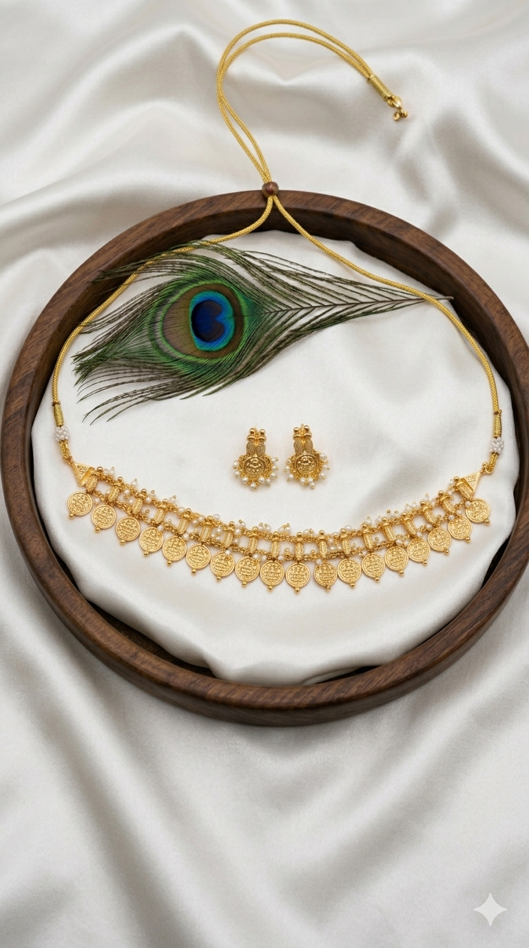 Traditional Kasu Choker Necklace Set with Pearl Detailing