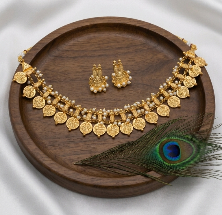 Traditional Coin Necklace Set with Pearl Detailing