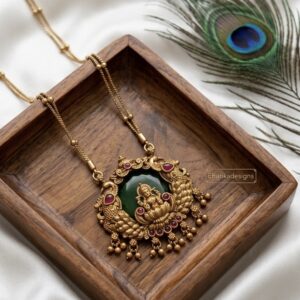 Temple Lakshmi Pendant Necklace with Green Stone